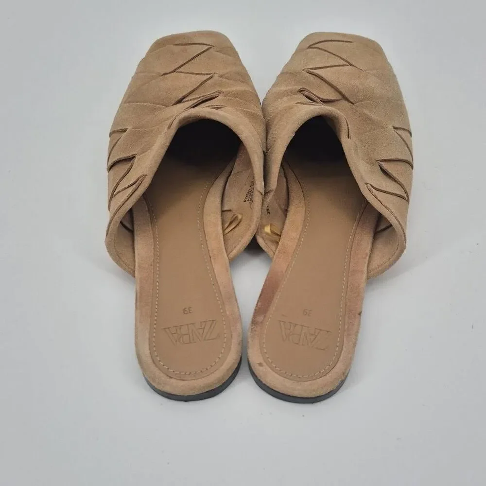 ZARA WOVEN SUEDE MULES SAND Size US8.5/ EU39